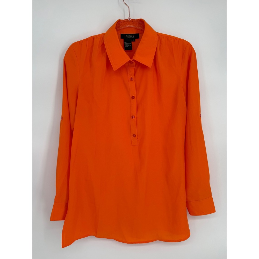 Twiggy‎ London Womens Orange Roll Tab Sleeve Henley Blouse Shirt Sz S